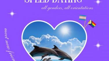Lila Poster für ein „Queer Speed Dating“ am 21. September 2025 in St. Pauli. In der Mitte ein Herz mit springenden Delfinen vor Wolkenhimmel, daneben kleine Pride-Flaggen. Text: „all genders, all orientations“, „meet new friends, crushes and cute people