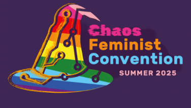 rainbow flag colored Haecksen hat, labeled with Chaos Feminist Convention, Summer 2025