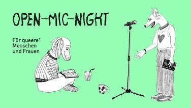 Auf dem Bild sind zwei Illustrationen von zwei Hunden zu sehen, der eine Hund liest und der andere trägt einen Text am Mikro vor. 