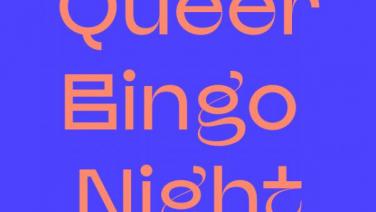 Blauer Hintergrund mit orangener Schrift 