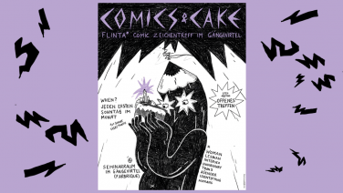 Ein gezeichnetes Bild im Comicstil. In der Mitte ist ein sweeter Bleistift-Charakter, der sich ein Stück Kuchen sehr genau anschaut. Der Kuchen sieht lecker aus. Im Hintergrund sind ein paar Zacken und dann noch Informationen zum Treffen comics and cake (FLINTA* comic zeichentreff im gängeviertel). Wann? Jeden ersten Sonntag im Monat. Wo? Seminarraum im Gängeviertel (Fabrique). Offenes Treffen. FLINTA* steht für: Frauen, Lesben, intersexuelle, nicht-Binäre, trans und agender Personen*.